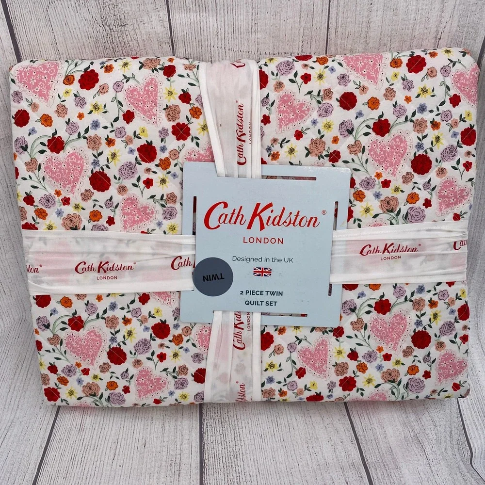 Cath Kidston Floral Heart Quilt Set Twin Pink Cotton Percale Bedding Cottagecore